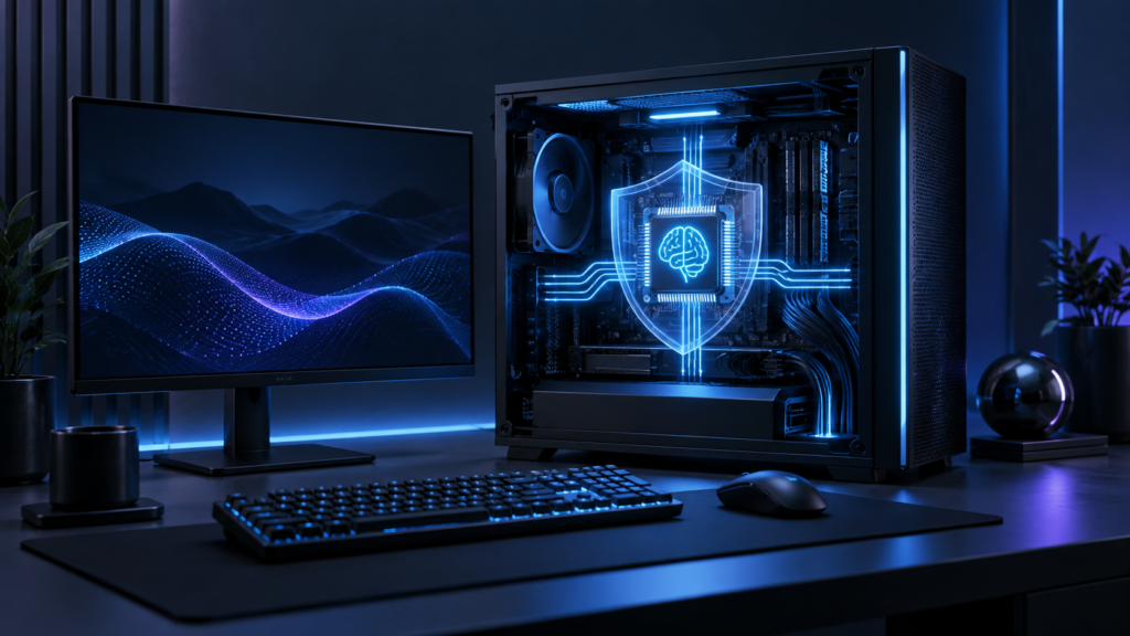 Local AI privacy illustration showing a protected AI processor inside a desktop computer